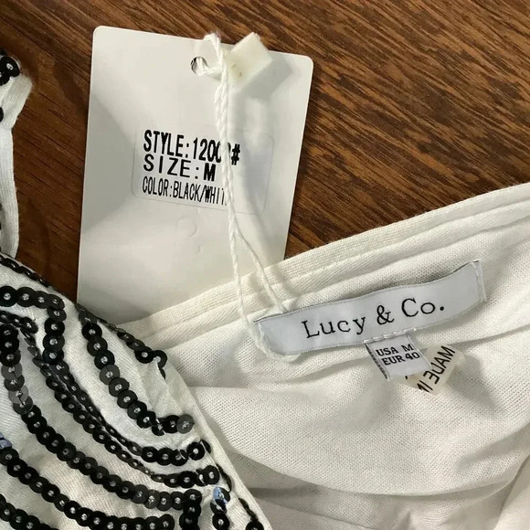 Lucy & Co Women Long-Sleeved Black | White Stripe Mini Dress With Sequins Sz M - Picture 7 of 8